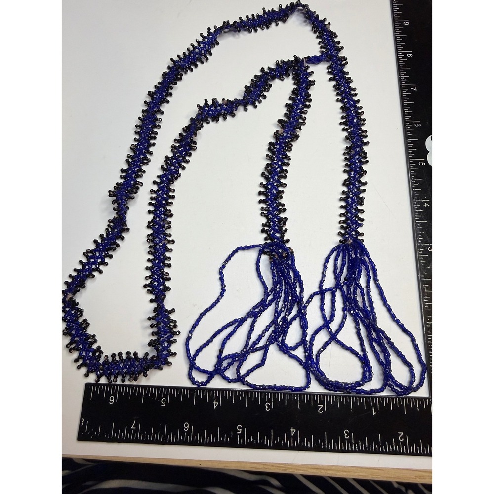 Handmade Cobalt Blue Black Seed Bead Woven Flapper Tassel Necklace 34 Inch Long